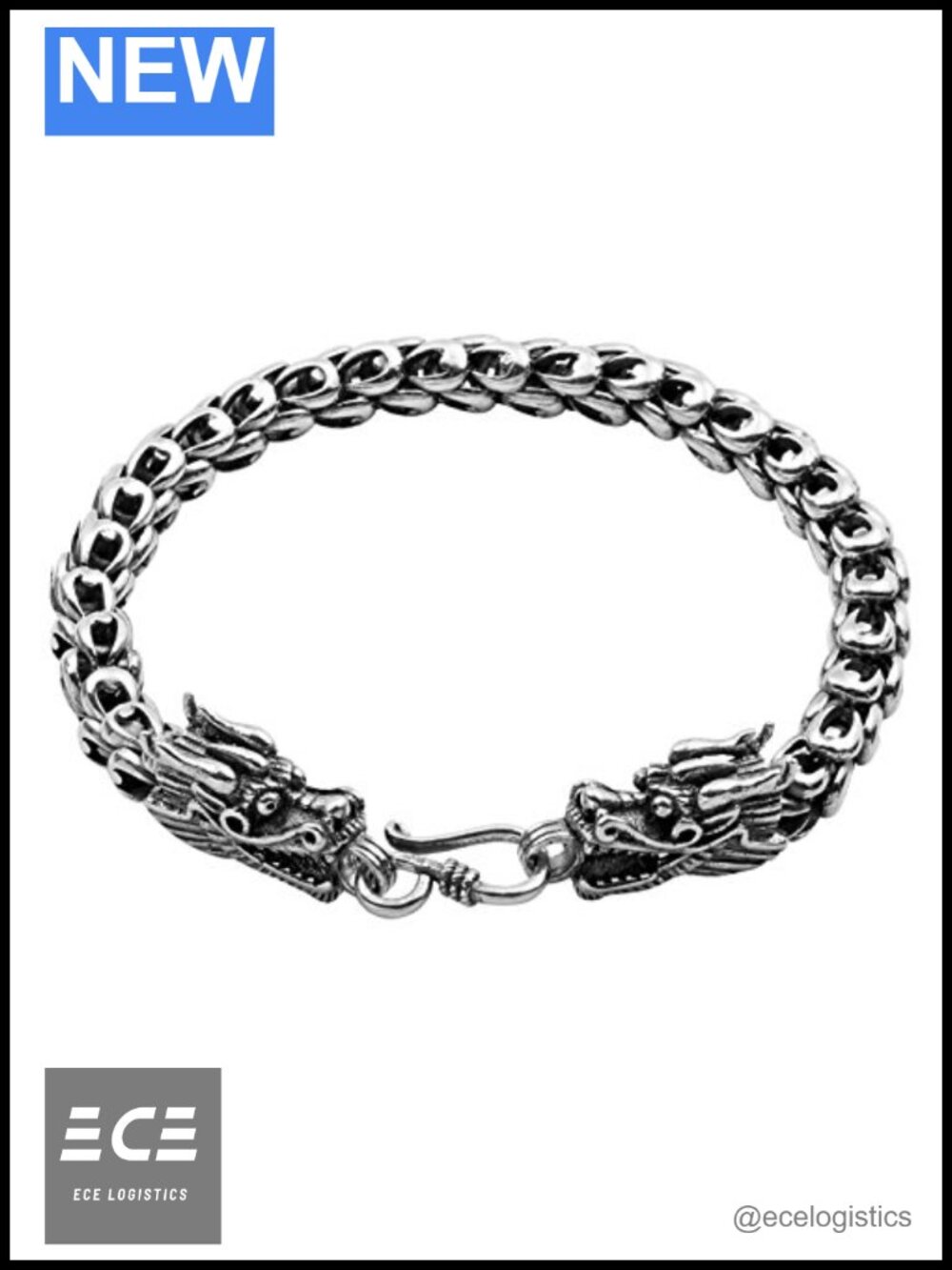 925 Sterling Silver Dragon Link Bracelet 7mm Wide 7.5 in Vintage
